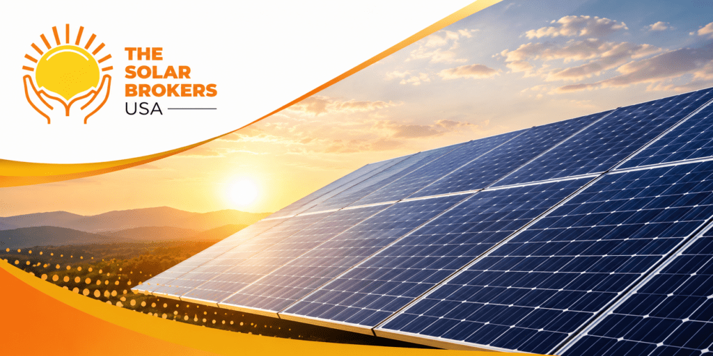 Solar farm at sunrise with The Solar Brokers USA logo and modern solar panels, illustrating lease solar panels in Maryland and renewable energy solutions.