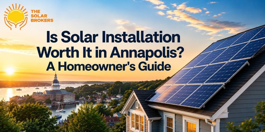 Solar panels installed on a residential roof overlooking Annapolis Harbor at sunset, with the title “Is Solar Installation Worth It in Annapolis? A Homeowner’s Guide” and The Solar Brokers logo.
