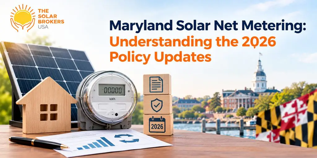 Maryland solar net metering policy updates for 2026, featuring solar panels, a home, electricity meter, Maryland imagery, and policy documents.