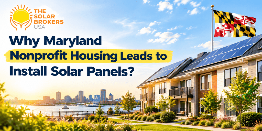 Maryland nonprofit housing with rooftop solar panels overlooking a waterfront city skyline.