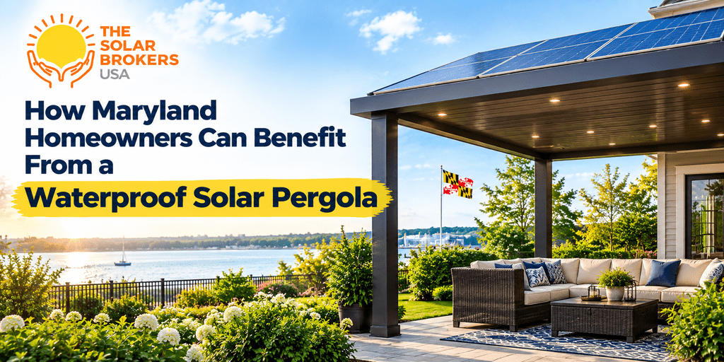 Waterproof solar pergola with rooftop solar panels overlooking a landscaped Maryland waterfront home.