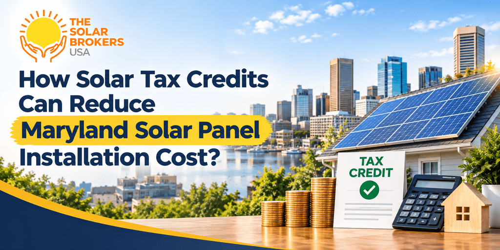 How solar tax credits can reduce Maryland solar panel installation costs, featuring rooftop solar panels and a city skyline.