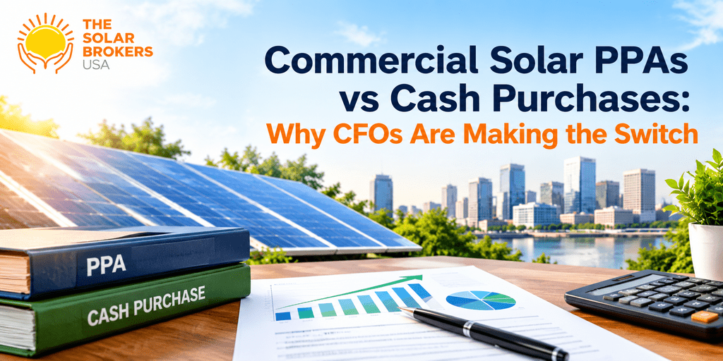 Commercial solar PPAs vs. cash purchases comparison featuring solar panels, financial documents, and a CFO business decision concept.