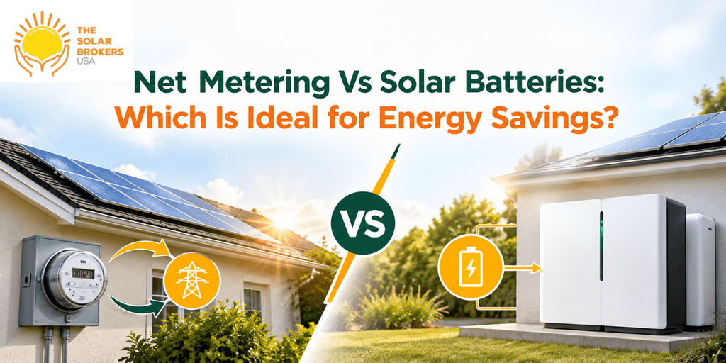 Banner comparing net metering and solar batteries for energy savings, featuring rooftop solar panels, an electricity meter, and home battery storage, with The Solar Brokers USA logo at the upper left.