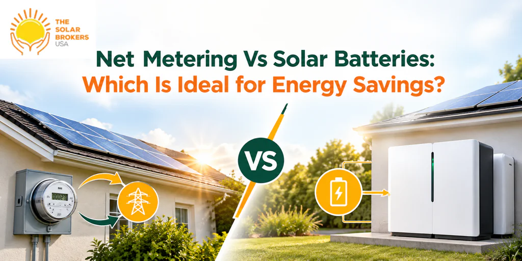 Banner comparing net metering and solar batteries for energy savings, featuring rooftop solar panels, an electricity meter, and home battery storage, with The Solar Brokers USA logo at the upper left.