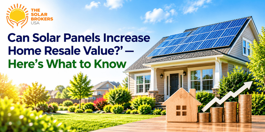 Solar panels on a suburban home with rising home value imagery, featuring “The Solar Brokers USA” logo.