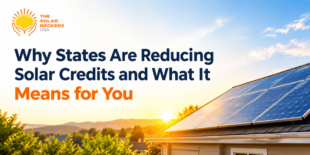 Solar panels on a home with the Solar Brokers USA logo and headline “Why States Are Reducing Solar Credits and What It Means for You.