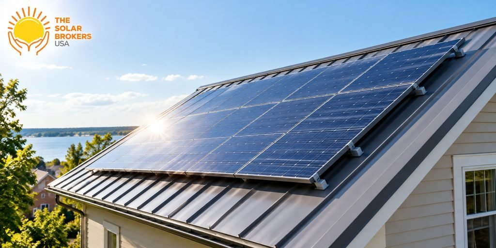 Solar panels installed on a gray metal roof of a home, with The Solar Brokers USA logo in the upper-left corner.